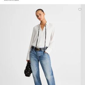 Madewell White Button-Front Blouse with Black Neck Ties